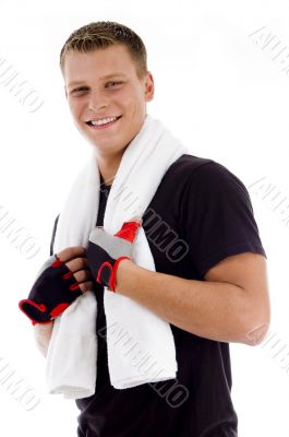 smiling adult man holding towel