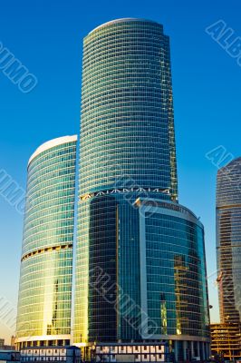 Tall skyscrapers at sunset