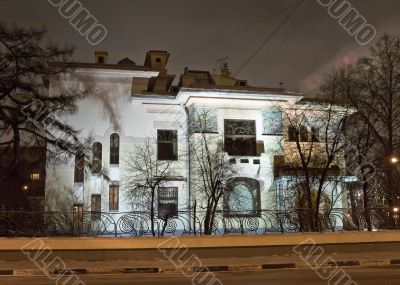 Modern style building in Moscow. Night view.