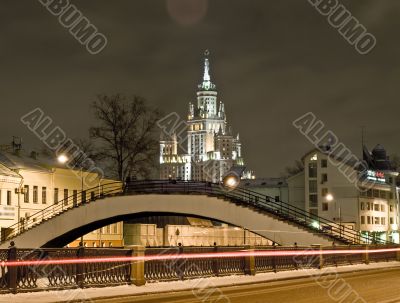 Moscow night view with bridge and scyscraper