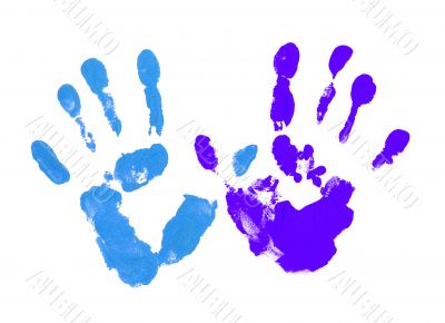 Colored blue fingers on the white