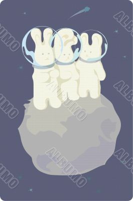 Three rabbits cosmonauts on the Moon