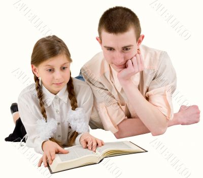Man and girl reading book