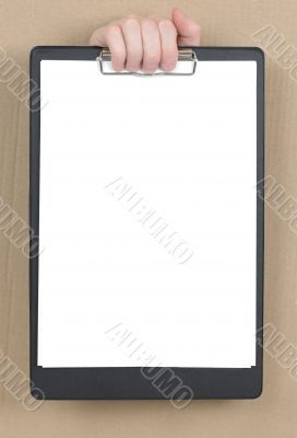 Hand protruding from hole in carton