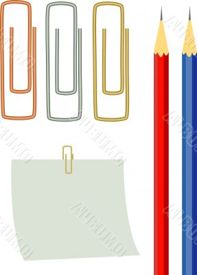 Clips, paper, pencils