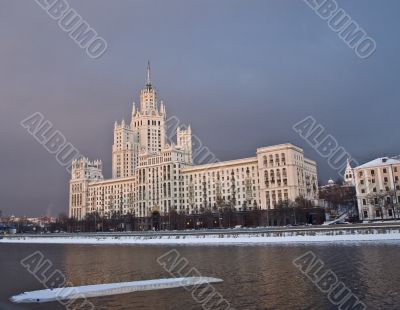 Moscow `Stalin` scyscraper on the river