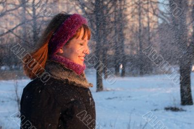 Young girl blinking from blizzard - snow