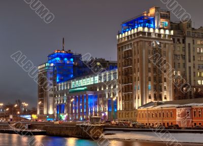 Big house on the quay of Moscow river at night