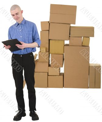 Messenger and pile of cardboard boxes