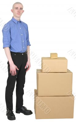 Man in overalls and cardboard boxes