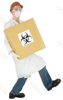 Scientist and cardboard box