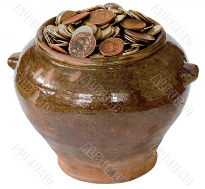 Ceramic pot with metal vintage money