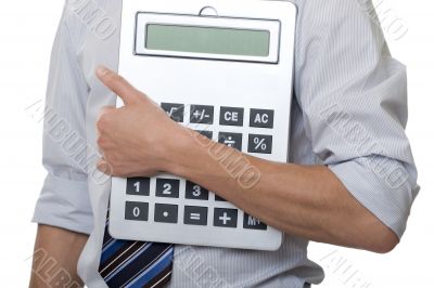Businessman with gigantic pocket calculator