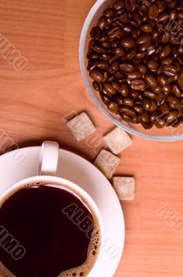 cup of coffee, beans and sugar