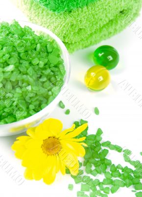 bath salt, oil balls and green towels
