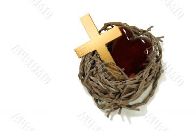 Golden cross, thorns and heart