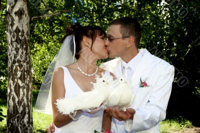 Groom and bride kiss