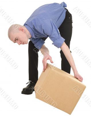 Man looking under cardboard box
