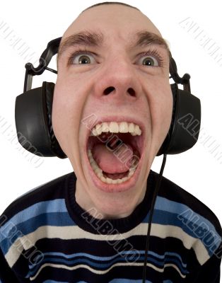 Person in ear-phones shouting