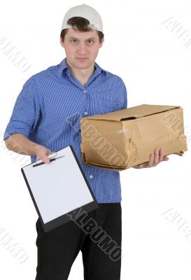 Man in baseball cap with cardboard box