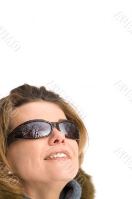 Woman in sun glasses on white