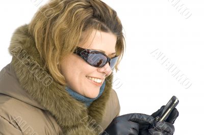 woman with mobile phone on white background
