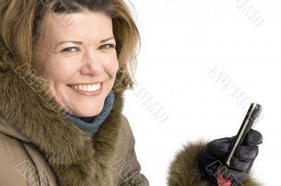 woman with mobile phone on white