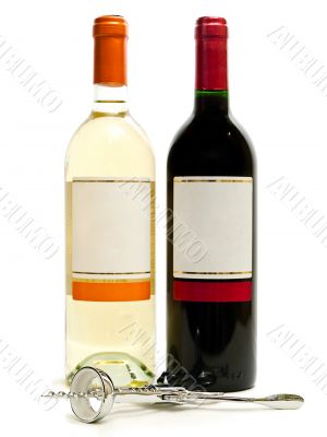  red and white wine with corkscrew