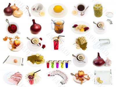 set from different food and drinks items