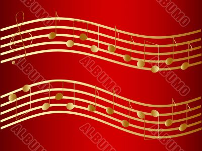 Vector waved golden music notes at the red background