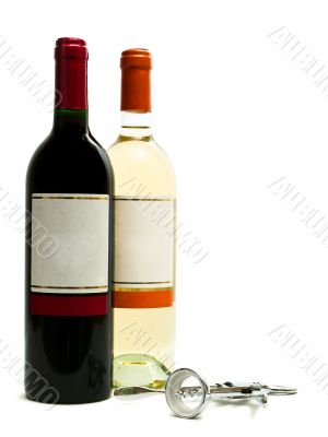 red and white wine bottles with corkscrew