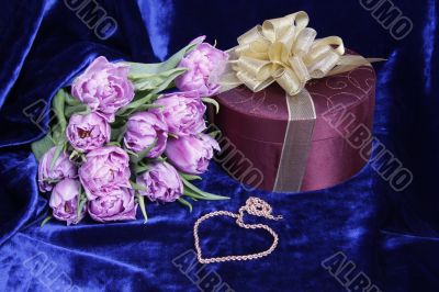 Gift.Present.Violet tulips,purple box,gold heart.