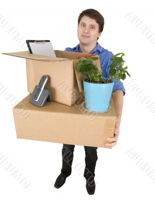 Man with the big box and a window plant