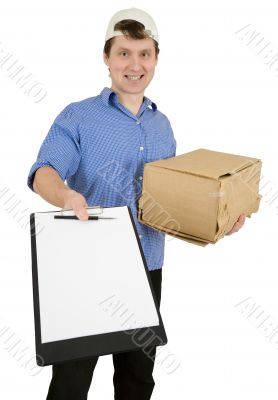 Man with tablet and cardboard box
