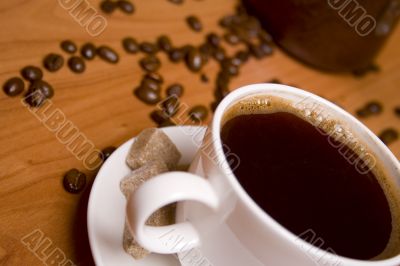 cup of coffee, sugar and beans