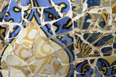 Detail of the ceramics from the Guadi bench in park Guell Barcelona, Spain