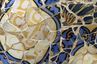 Detail of the ceramics from the Guadi bench in park Guell Barcelona, Spain