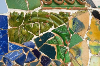 Detail of the ceramics from the Guadi bench in park Guell Barcelona, Spain