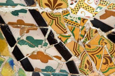 Detail of the ceramics from the Guadi bench in park Guell Barcelona, Spain
