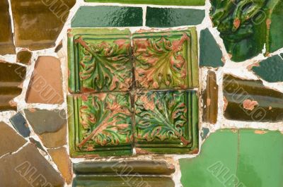 Detail of the ceramics from the Guadi bench in park Guell Barcelona, Spain