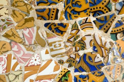 Detail of the ceramics from the Guadi bench in park Guell Barcelona, Spain