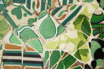 Detail of the ceramics from the Guadi bench in park Guell Barcelona, Spain