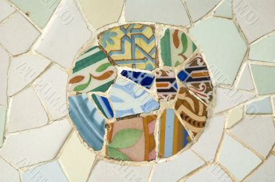 Detail of the ceramics from the Guadi bench in park Guell Barcelona, Spain