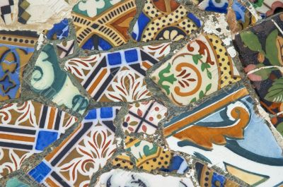 Detail of the ceramics from the Guadi bench in park Guell Barcelona, Spain