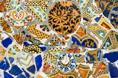 Detail of the ceramics from the Guadi bench in park Guell Barcelona, Spain