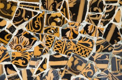 Detail of the ceramics from the Guadi bench in park Guell Barcelona, Spain