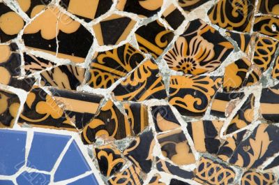 Detail of the ceramics from the Guadi bench in park Guell Barcelona, Spain