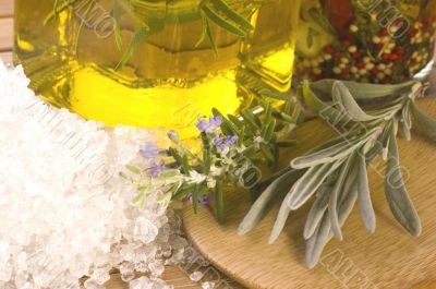 herbs and spices. rosemary, lavender, salt and olive