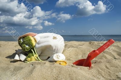 childhood. beach items and sun block