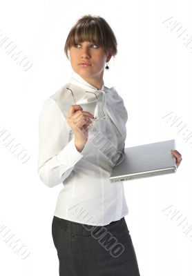 Girl with laptop on white